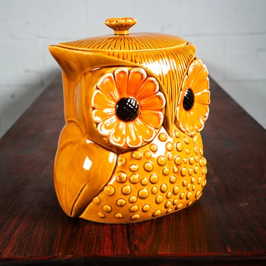 Mid Century Modern Lidded Jar Ceramic Owl Orange Yellow 1970s Groovy Cookie Mcm