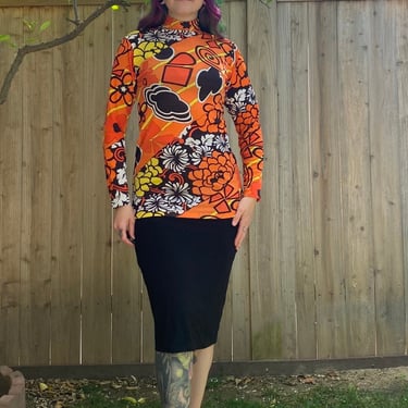 Vintage 1970’s Orange and Brown Floral Long Sleeve Top 