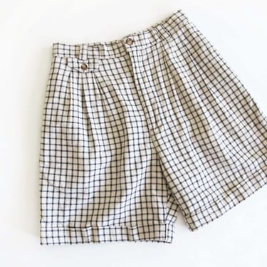90s High Waist Pleated Linen Shorts XS 24 Waist  - Vintage 1990s Black Plaid  Long Shorts - Mom Bermuda Walking Shorts 