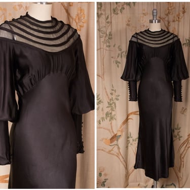 1930s Dress  - Exquisite Vintage 30s Gothic Black Long Evening Gown in Liquid Rayon Charmeuse with Incredible Sleeves 