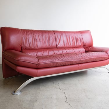 Vintage Postmodern Nicoletti Salotti Italian Leather Interline Italia Couch | Red | Rare Metal Base 