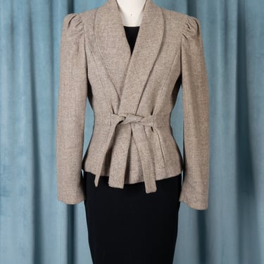 Vintage 1980s Wool Houndstooth Puff Sleeve Wrap Jacket with Tie Waist 