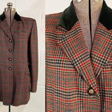 Vintage Pendleton Blazer Boxy Long Jacket Houndstooth Plaid Long Sleeve Coat Velvet Collar XL 1980s 