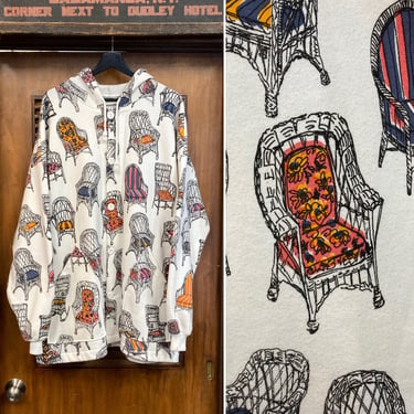 Vintage 1980’s “Michigan Rag” Wicker Chair Print Hooded Sweatshirt, 80’s Vintage Clothing 