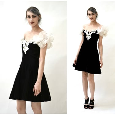 Black 80s 90s Prom Dress Size Small Medium Poof Sleeves// Vintage 80s 90s Black Party Dress Velvet Dress Small Zum Zum Black White 