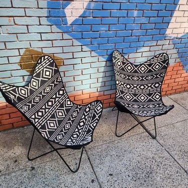 Pair of Butterfly Chairs. Heavy Steel frame with removable, heavy, durable fitted Cloth Seat. 