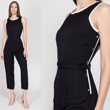 XS-Sm 90s Black & White Belted Jumpsuit | Vintage Sleeveless Tapered Leg Ringer Pantsuit 