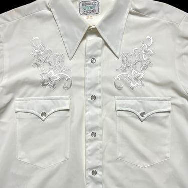 Vintage 1970s H BAR C Embroidered Western Shirt ~ 15 1/2 x 34 (M) ~ Pearl Snap Button ~ Dagger Collar ~ 