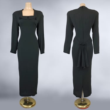 VINTAGE 90s does 40s Black Film Noir Dress by Express Compagnie Internationale Sz 7/8 | 1980s 1940s Art-Deco Swag Back Dress | VFG 