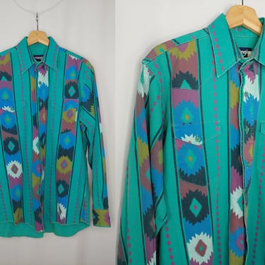Vintage 90s Wrangler Men's Medium Long Sleeve Western Aztec Print Button Down Shirt - Nineties Teal Colorful Cowboy Print Shirt 
