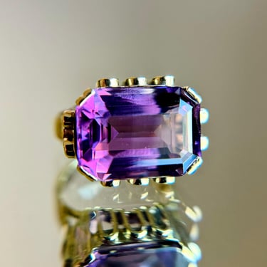 Gorgeous Vintage 14K Yellow Gold Emerald Cut Amethyst Ring, Retro Sz ~4.25 5.6g 