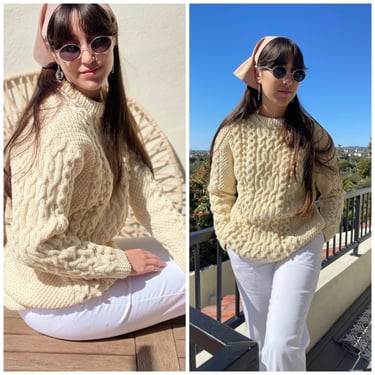 70s Fisherman’s Sweater Cream Gender Neutral Unisex Oversized crew sweater S M L 