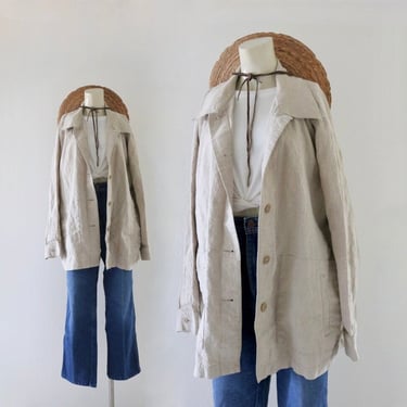 natural linen jacket - womens vintage 90s y2k beige brown tan long sleeve light spring summer jacket shacket 