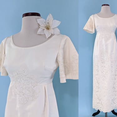 Vintage 1960s Empire Waist Satin and Lace Wedding Dress, Elegant Vintage 60s Ivory Sheath Wedding Gown 