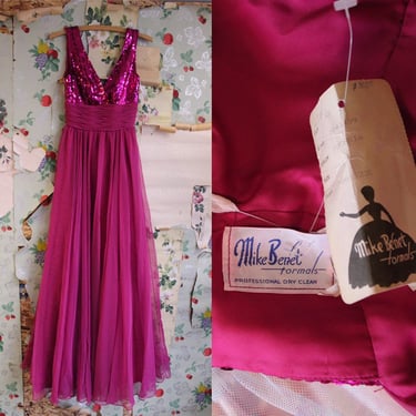Vintage 1970s Deadstock Mike Beńet Fuschia Sequin and Chiffon Formal Party Gown. XS. 