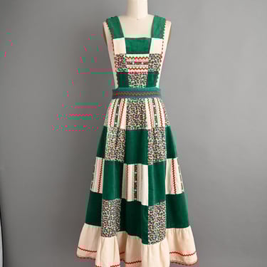 Vintage 1970s Dress | Novelty Corduroy Patchwork Pinafore Garden Pinafore Dress | Small 