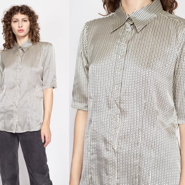 Large 80s Black & White Polka Dot Satin Shirt | Vintage Button Up Short Sleeve Collared Shirt 
