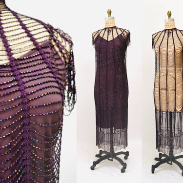 90s 00s Y2k Vintage Purple Crochet Beaded Club Party Prom Dress Medium Large Crochet Sheer Beach Dress Medium Large 00s Party Dress Medium 