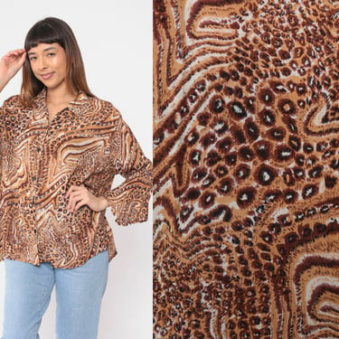 Animal Print Blouse 90s Bell Sleeve Top Button up Shirt Boho Abstract Leopard Cheetah Print Jungle Hippie Glam Vintage 1990s Extra Large xl 