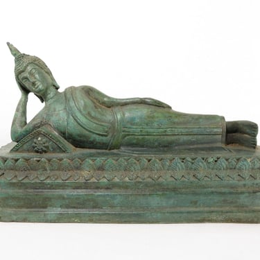 Antique BRONZE RECLINING BUDDHA ART SCULPTURE Asian Décor Statue Thailand