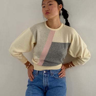 60s cashmere batwing sweater / vintage ivory gray pink color block intarsia cashmere batwing crewneck handknit ligh sweater Scotland | Med 