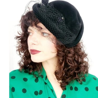 Vintage 40s 50s Black Hat w/Wool Sunnyland New York Creations 