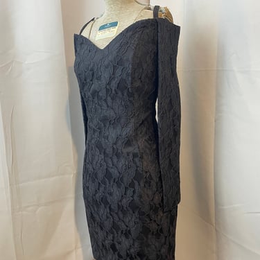 Black Lace Off Shoulder Cocktail Dress Bodycon 1990s Vintage S 