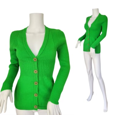 1960's Apple Green Orlon Knit Cardigan Sweater I Sz Sm I Pandora 