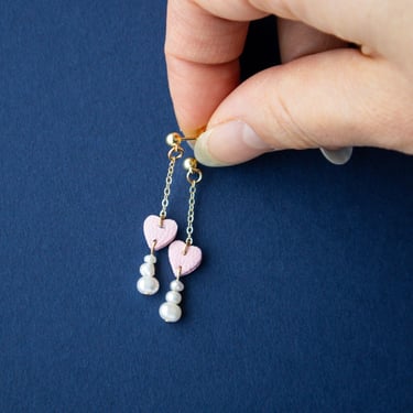 Dainty Pink Heart Earrings on Ball Studs w/ Freshwater Pearls 