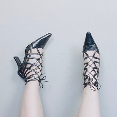 1980s Vintag Bellini Strappy High Heels / 80s / Eighties Lace Up Vampy Silver Leather Pumps / Shoes / Size 8.5 