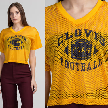 90s Cropped Mesh Football Jersey - Medium | Vintage Yellow Sheer Sportswear Athletic Shirt 