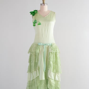 Ethereal 1920's Absinthe Green Silk Flapper Dress / Small