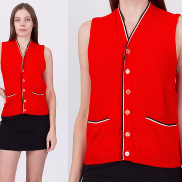 70s Red Knit Sleeveless Sweater Top - Medium | Vintage Striped Trim Button Up Pocket Vest 