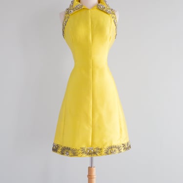 OBSESSED 1960's Lemon Shantung Silk Beaded Cocktail Dress / Small