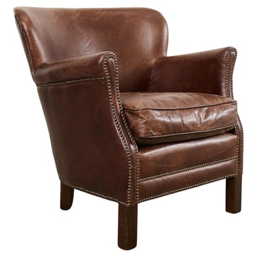 French Art Deco Style Cigar Leather Wing Back Club Chair