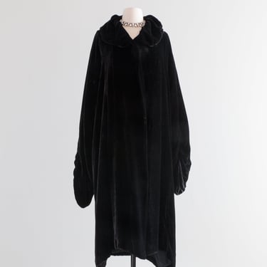 Sublime 1920's Black Silk Velvet Opera Coat With Massive Sleeves / OS