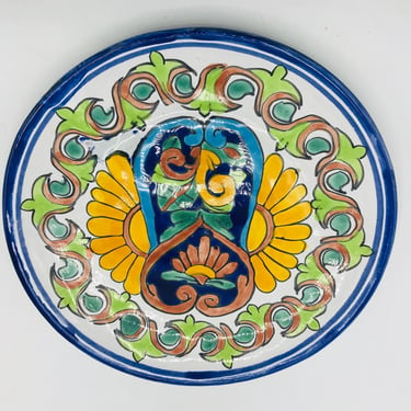 VIntage Mexican Talavera Pottery Plate- for Display-Signed Mexico-Hand Made-Decorative-Cobalt Blue and Yellow- Bright Colors 8