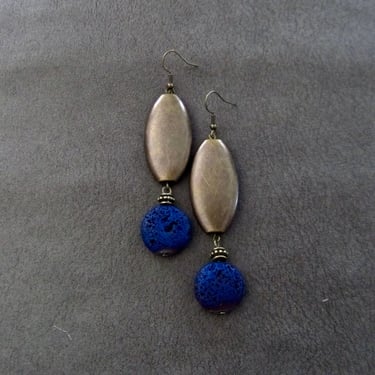 Blue kava rock earrings, mid century modern earrings, Brutalist bold statement earrings, artisan boho earrings, bohemian gypsy earrings 
