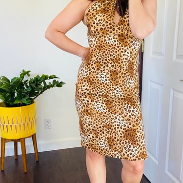 Vintage Maggie London Sleeveless Cheetah Print Silk Body Con Dress 