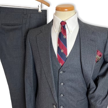 Vintage NORDSTROM Wool Flannel 3pc Suit ~ size 38 Extra Long ~ vest / waistcoat ~ pants / jacket / sport coat ~ Pinstripe ~ 