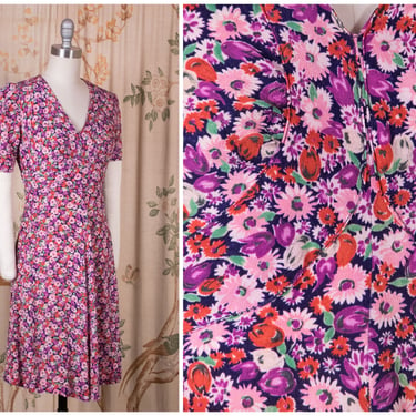 1930s Dress - Darling Vintage 30s Homemade Purple Floral Print Day Dress 