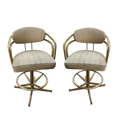 Pair of Vintage Mid Century Brass Wood Swivel Bar Stools