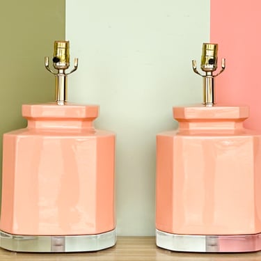 Pair of Coral and Lucite Bauer Lamps