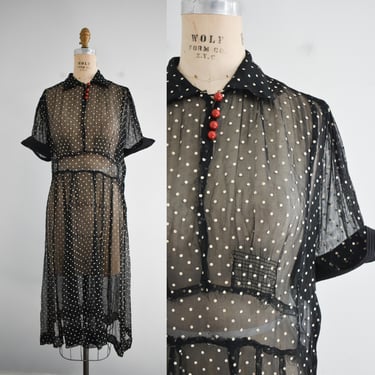 1930s/40s Sheer Black Polka Dot Dress 