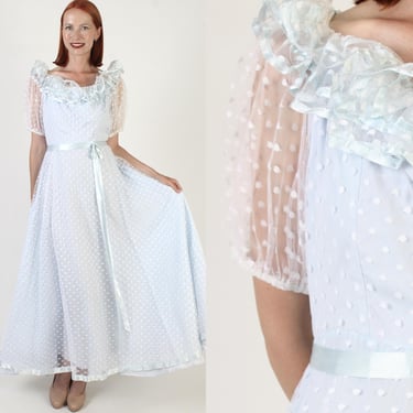 White Swiss Dot Victorian Dress, Vintage Country Gown, Full Skirt Western Maxi 