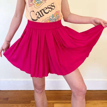 90’s Donna Karan New York Hot Pink Magenta Silk Pleated Elastic Waist Skort Shorts