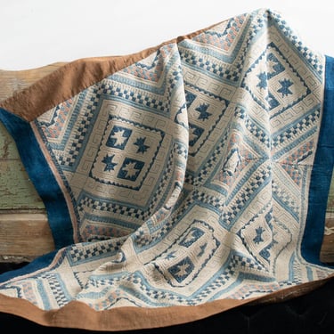 Antique Rare Guizhou Wedding Blanket Hand-Embroidered Cream Blue Geometric Design Chinese Textile  - 1900s 