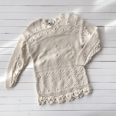 cute cottagecore sweater | 80s 90s vintage pompom crochet hand knit embroidered heavy white cotton chunky sweater 