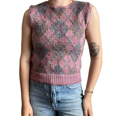 Vintage 80s Womens Hand Knit Pink Wool Argyle Preppy Crewneck Sweater Vest Sz S 