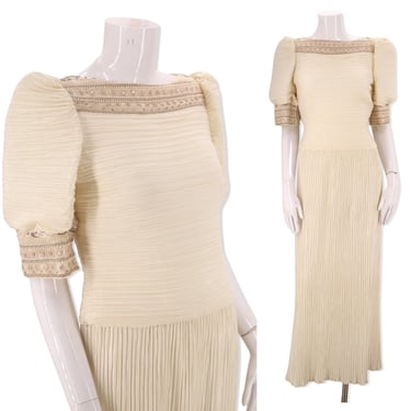 80s RICHILENE ivory plisse pleated gown sz M, vintage 1980s Grecian evening dress, beaded cocktail dress Mary McFadden 